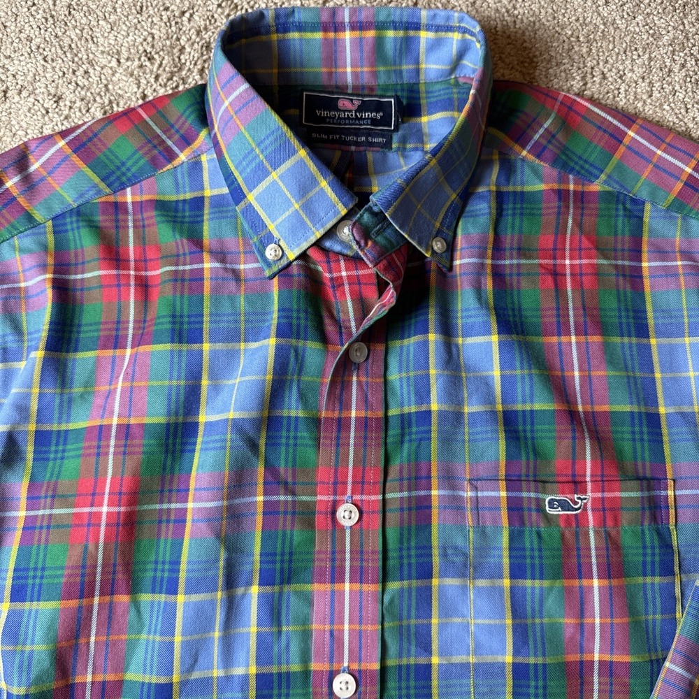 Vineyard Vines Slim Fit Whale Shirt Men Large Red/Green/Blue Plaid L/S Cotton
